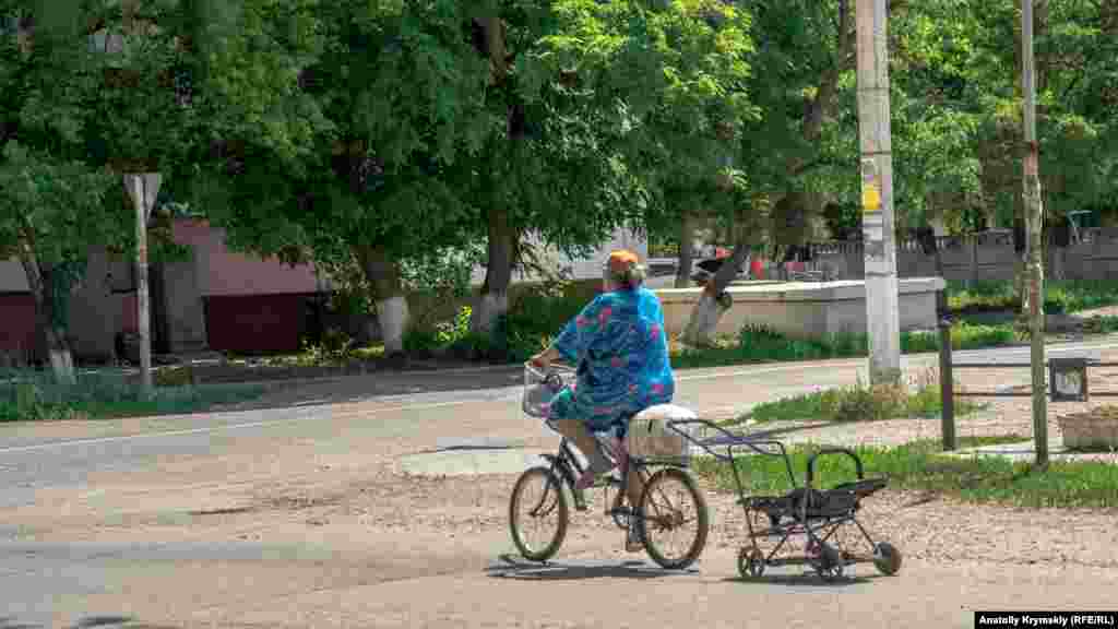 Женщина на велосипеде с коляской на улице Калинина. Жизнь в городе &laquo;определяют&raquo; два акционерных общества:&nbsp;&laquo;Бром&raquo; и &laquo;Крымский содовый завод&raquo;, которые являются крупнейшими налогоплательщиками. Вместе с предприятиями соседнего Армянска они входят в единый Перекопский промышленный комплекс