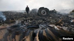 На месте падения «Боинга 777» рейса MH-17 вблизи поселка Грабово Донецкой области, 17 июля 2014 года